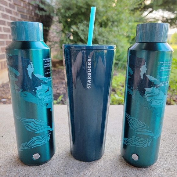 Starbucks Other - Starbucks Teal Tumbler Water Bottle Mermaid Peacock Set of THREE NEW